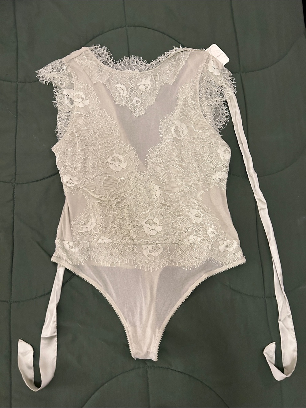 Free People Washed Sage Lace Trim Bodysuit